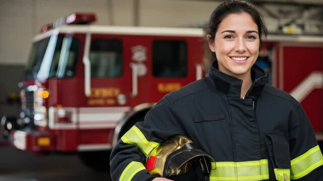 Female firefighter portrait smiling with fire truck in background photo 4k video