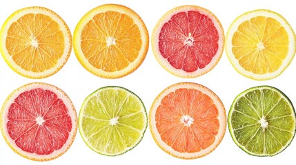 Fototapeta premium Citrus Fruit Slices 8 Colorful Halves, Vibrant Composition, Juicy Texture, Food Photography Citrus fruits, fruit slices, food photography