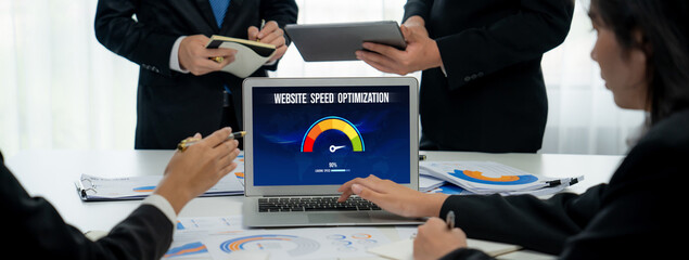 Computer software evaluating website loading speed. Concept of improving website loading speed brisk.