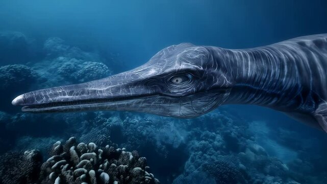 An Ichthyosaur swims gracefully through the clear blue ocean near a vibrant coral reef habitat with diverse marine life.