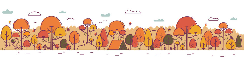 Horizontal Illustration, Seamless Banner with Autumn Forest, Eco-Friendly Environment