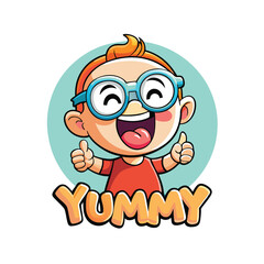 Cartoon boy with glasses gives thumbs up for yummy food he loves