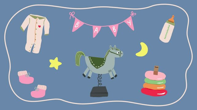 Cute animated colorful cartoon baby items on blue background including clothes, toys, and accessories
