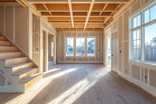 Newly constructed interior showcasing unfinished open space with natural light at a residential building site in late afternoon