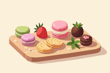 assorted macarons and cookies with strawberries on wooden cutting board, sweet and colorful dessert