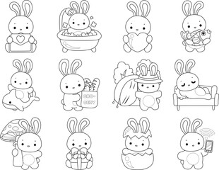 Outline of Illustration of cute bunny icon.
Lineart of Funny rabbit in daily activities elements.