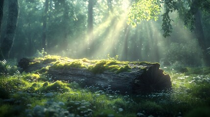 Artistic rendering of nature's subtle charm featuring an ancient log cloaked in soft moss, illuminated by the gentle glow of early morning light in an enchanting forest
