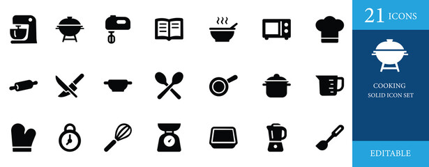 Cooking icon set. A collection of solid black kitchen icons including pot, pan, spoon, chef hat, blender, timer, recipe book, whisk, and utensils. Perfect for food apps, menus, and culinary projects