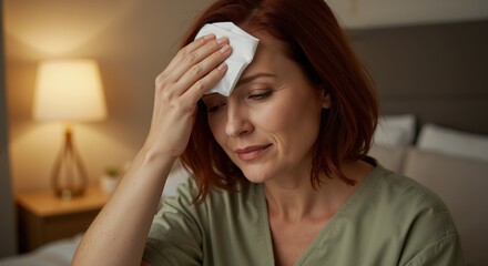 Woman feeling unwell while sitting on bed at home indoors  