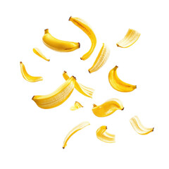 Falling flying banana slices, Vibrant Banana Slices Suspended in Mid-Air, isolated on on transparent background