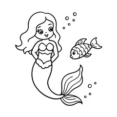Obraz premium cute mermaid coloring page with fish and seaweed
