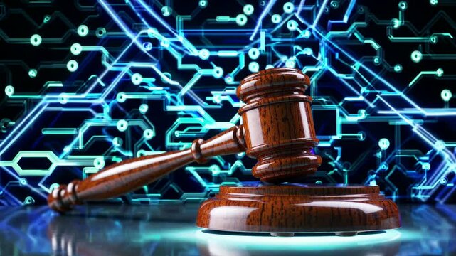 Digital Law and Justice Concept - Wooden Judge Gavel on Futuristic Circuit Board Background with Glowing Technology Networks