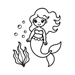 cute mermaid  coloring page with fish and seaweed