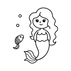 cute mermaid  coloring page with fish and seaweed