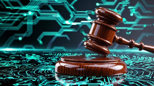 Digital Justice: Wooden Gavel on Futuristic Circuit Board Background - Legal Technology Concept