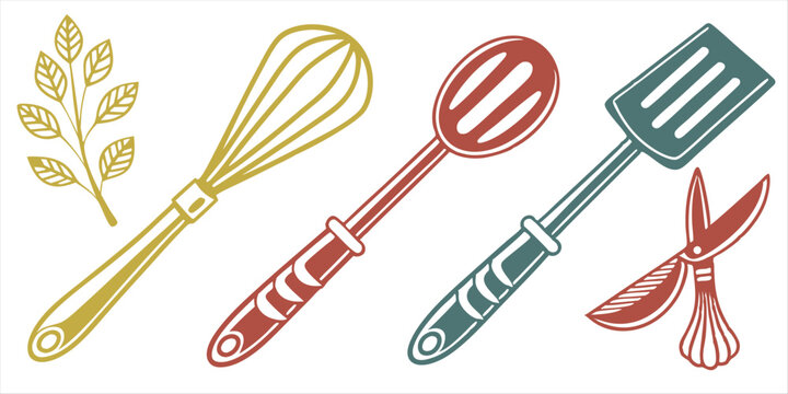 Cooking tools illustration set, whisk and wooden spoon with spatula design