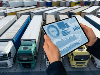 Manager with a digital tablet on the background of trucks. Fleet management.