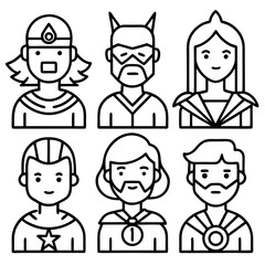 Diverse Superhero and Fantasy Character Outline Avatars Set isolated on white background