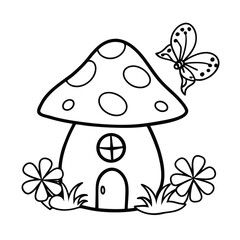 cute mushroom house coloring page with flowers