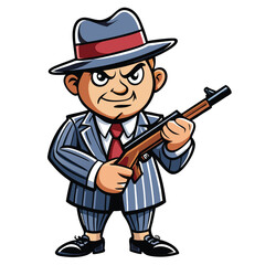 Cartoon mobster holds a rifle, wearing a pinstripe suit and fedora on white