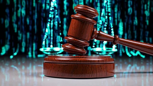Judge's Gavel with Digital Data Stream Background - Legal Technology and Cyber Law Concept