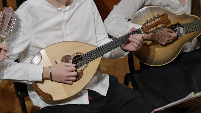 Musicians Playing Traditional Dalmatian Mandolins in slow motion in Croatia During a Live Performance, Close-up