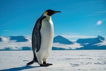 Obraz premium Emperor Penguin Standing Tall In Snowy Terrain With Majestic Mountains Beneath A Clear Blue Sky