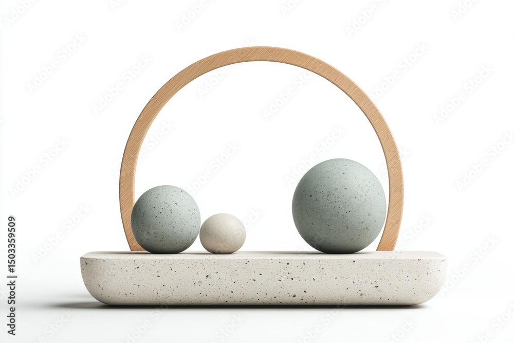 Fototapete modern decorative objects featuring minimalist design with spheres and a wooden arch displayed on a 