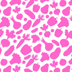 Pink silhouette vegetable pattern. Seamless design with carrots, broccoli, radishes on white background.
