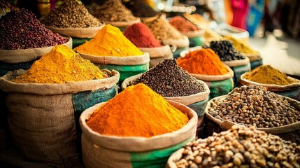 Vibrant Spice Market Colorful Turmeric, Chili and Pepper in Burlap Sacks, Indian Bazaar, Spice Trade ,India, Spices