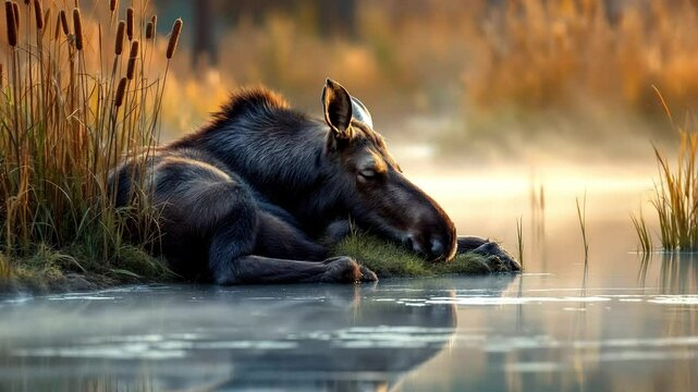 A moose sleeping beside a quiet pond, its bulk nestled among cattails with mist rising at sunrise
