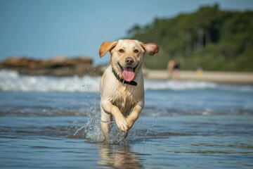 Happy Dog Running Through Shallow Water at a Beach on a Sunny Day