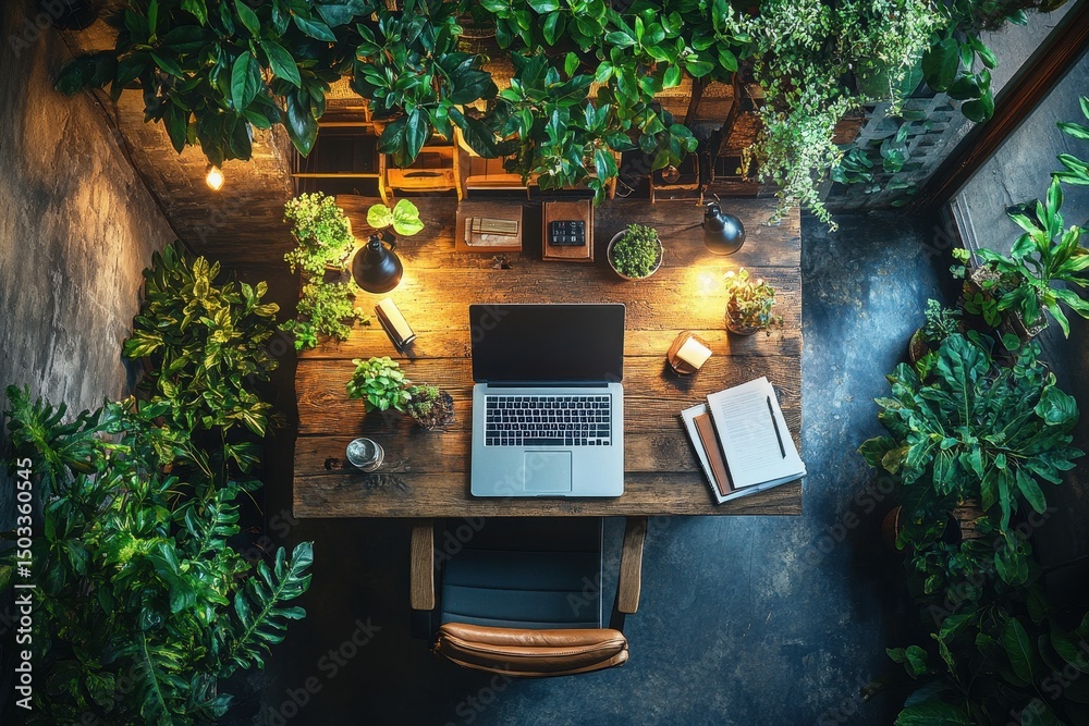 Poster two men working on laptops in a lush indoor garden during daytime while collaborating on a project s