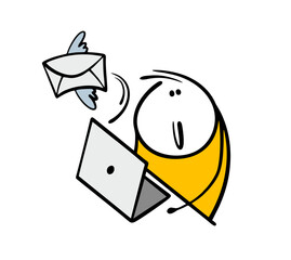 Cartoon funny office manager sits in front of a laptop and receives an email. Vector illustration of an envelope with wings flying out of a computer, an e-mail message.
