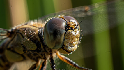 Macro Close-up of a Dragonfly's Face with Detailed Compound Eyes