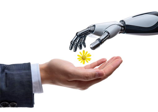 robotic arm and human hand over white background