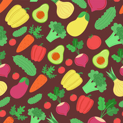 Seamless food background, vegetables seamless pattern on a dark background. Includes carrots, avocados, radishes, peppers, broccoli, and tomatoes in playful design.