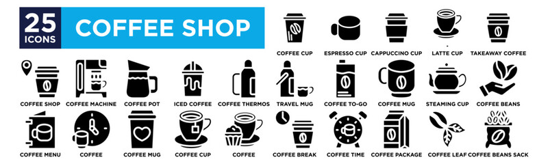 Coffe shop icon collection set. Containing design Coffee Cup, Espresso Cup, Cappuccino Cup, Latte Cup, Takeaway Coffee,