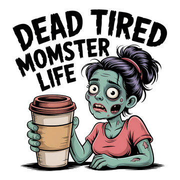 Dead tired momster life zombie mom coffee graphic isolated on transparent background isolated on white background