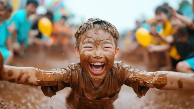 Muddy Fun! A joyful Asian boy laughs while covered in mud.