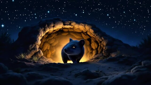 A nocturnal wombat emerging from its burrow under the starry night sky