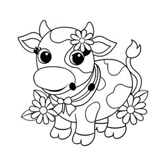 Fototapeta premium Cow with Flowers Around Its Neck Kids Coloring Page Vector
