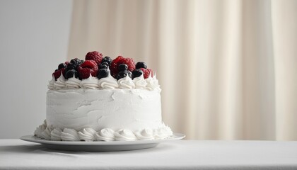 Layered cake topped with fresh berries served on a white plate in a well-lit kitchen during the afternoon