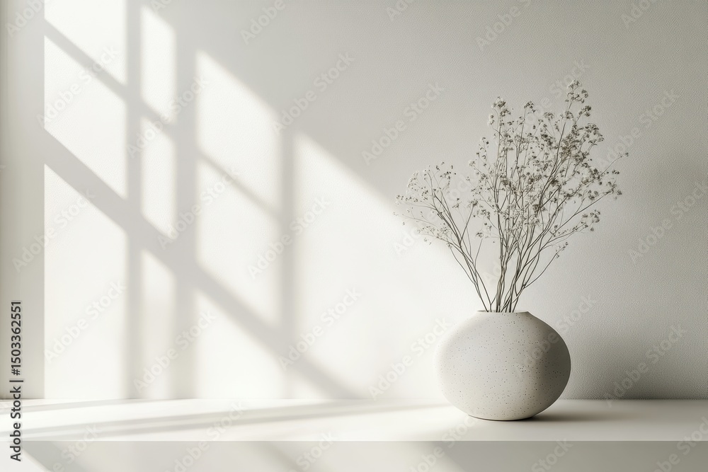 Aufkleber Minimalist interior design features a round vase with dried flowers beside soft natural light streaming through a window, creating calming shadows on a neutral wall