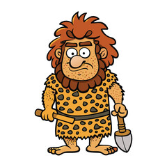 Caveman with red hair in leopard skin dress holding prehistoric tools stands ready