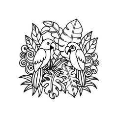 Jungle Scene with Parrots and Trees Kids Coloring Page Vector