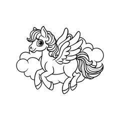 Fototapeta premium Pegasus Flying Over Clouds Kids Coloring Page Vector