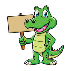 Cheerful cartoon alligator smiles while holding an empty wooden sign with positive message