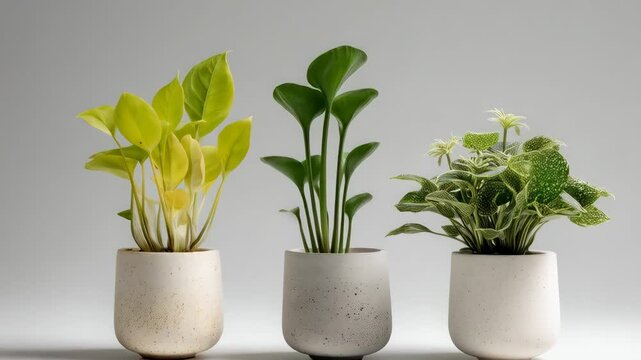 Three potted houseplants arranged in a row on a plain background, featuring different types of green foliage in neutral colored pots.