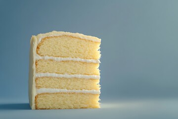 Fototapeta premium Delicious Slice of Vanilla Cake with Creamy Frosting Against a Soft Blue Background